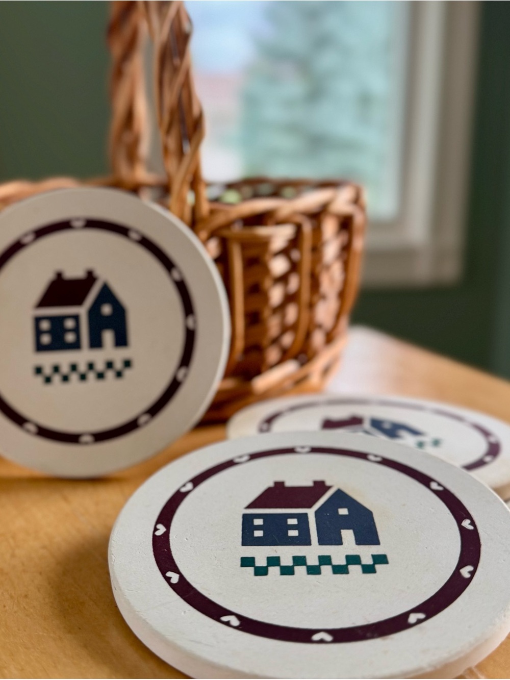 Vintage 80s-90s Cottage and Hearts Sandstone Coasters Set of 4, Hindostone brand
